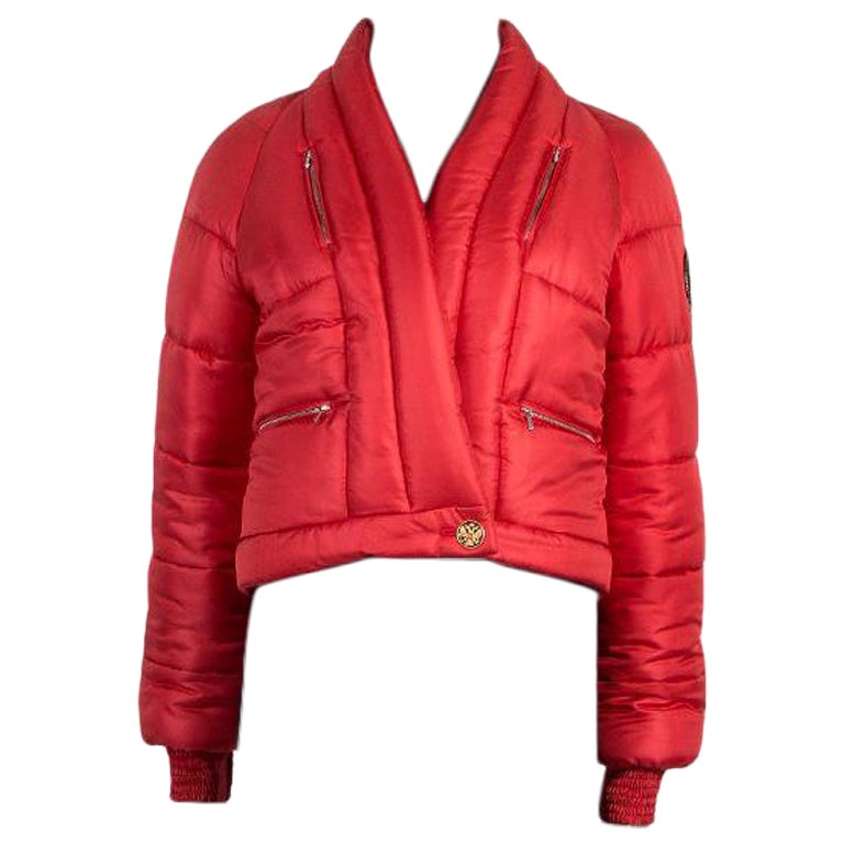CHANEL red silk PARIS MOSCOW Puffer Down Jacket 36 XS
