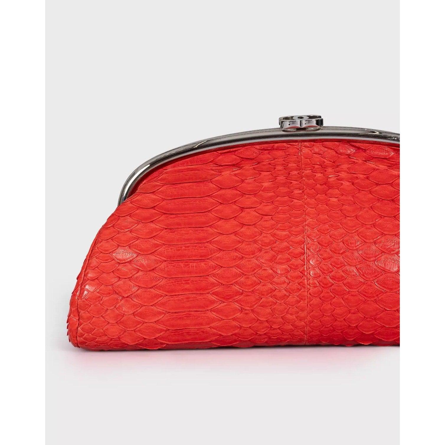 Chanel Red Snakeskin Silver Hardware Clutch Bag Damen im Angebot