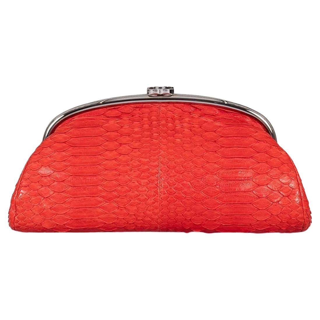 Chanel Red Snakeskin Silver Hardware Clutch Bag im Angebot