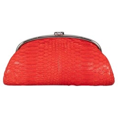 Chanel Red Snakeskin Silver Hardware Clutch Bag