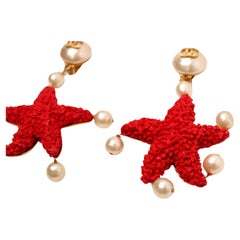 Chanel Red Starfish Lava Pearl Clip-On Earrings cruise circa 1993