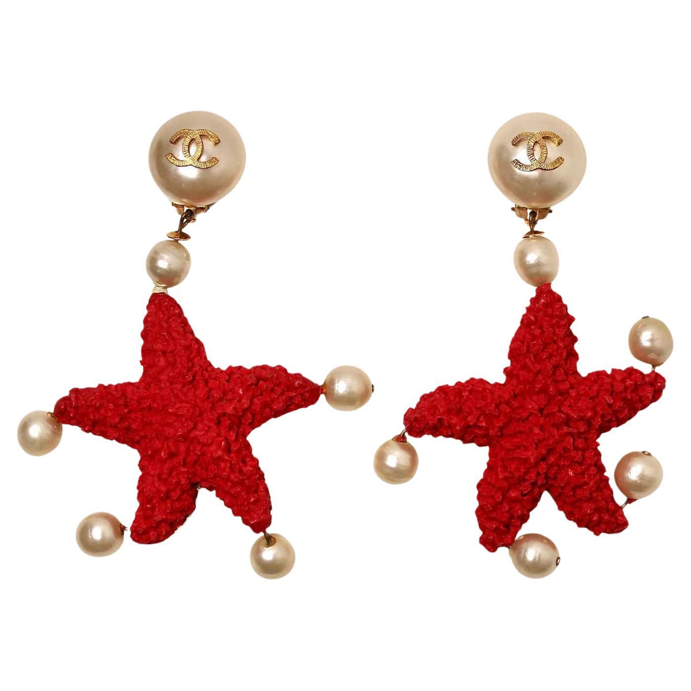 Chanel Red Starfish Lava Pearl Clip-On Earrings cruise circa 1993 For Sale