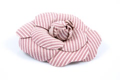 Chanel Red Stripy Cotton Camelia Brooch