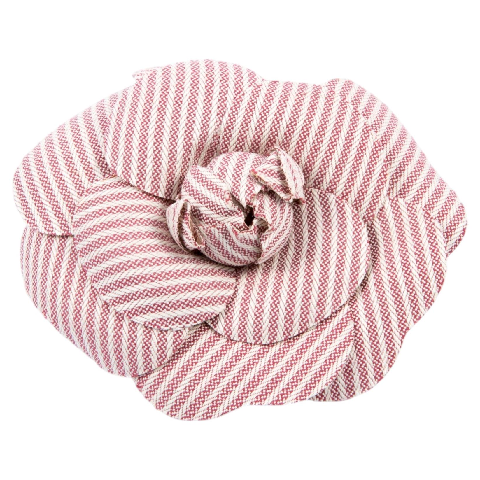 Chanel Red Stripy Cotton Camelia Brooch