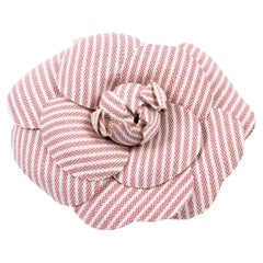 Chanel Red Stripy Cotton Camelia Brooch