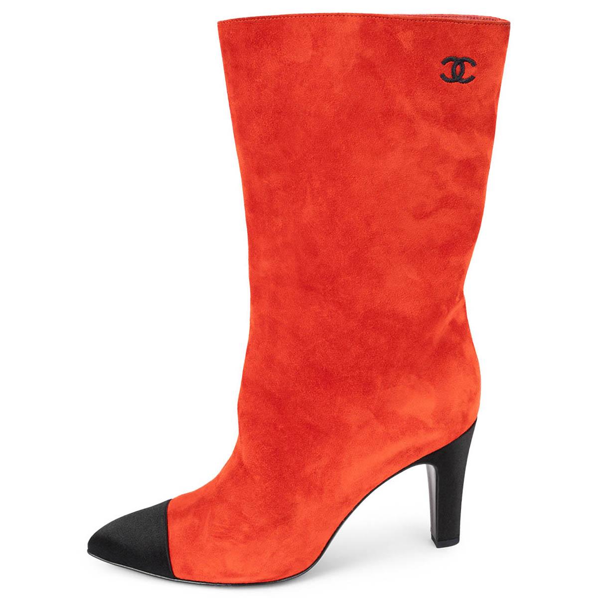 CHANEL red suede 2017 17B COCO MID-CALF Boots Shoes 38.5 For Sale 3