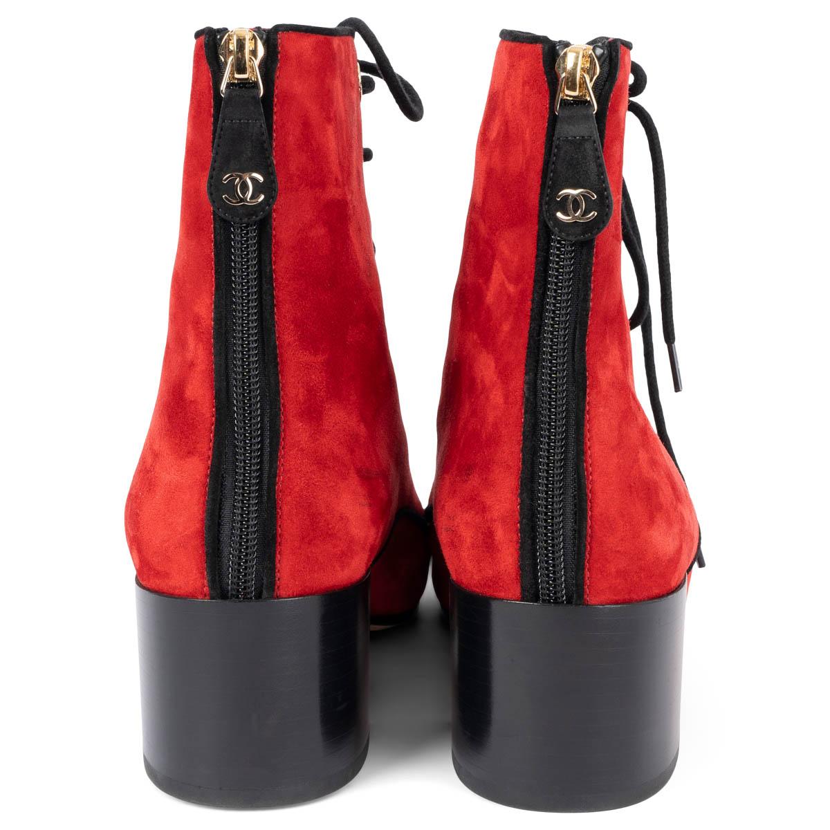 Women's CHANEL red suede 2019 19K BLOCK HEEL LACE UP Boots Shoes 39 For Sale