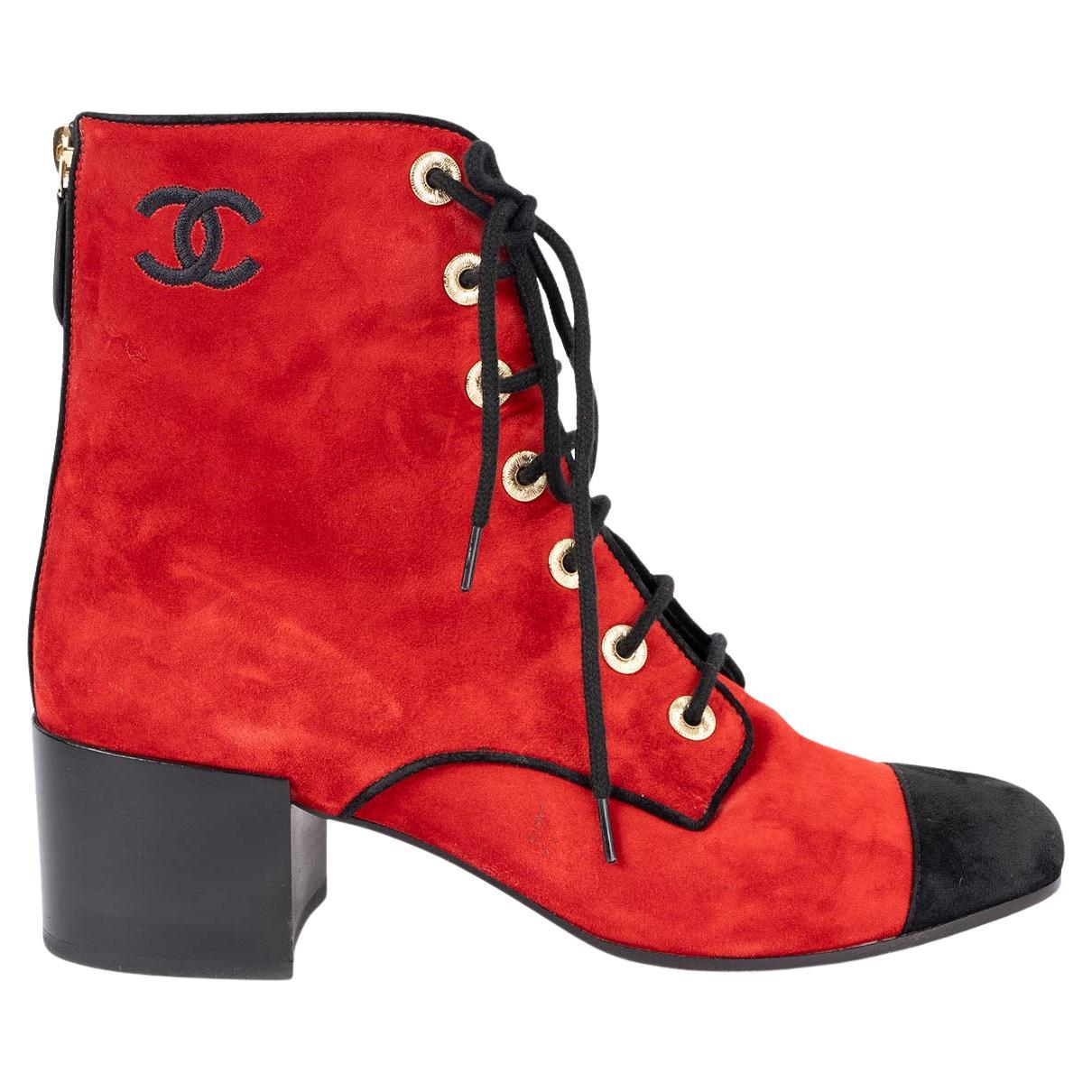 Chanel Red Suede 2019 19K Block Heel Lace Up Boots Shoes 39