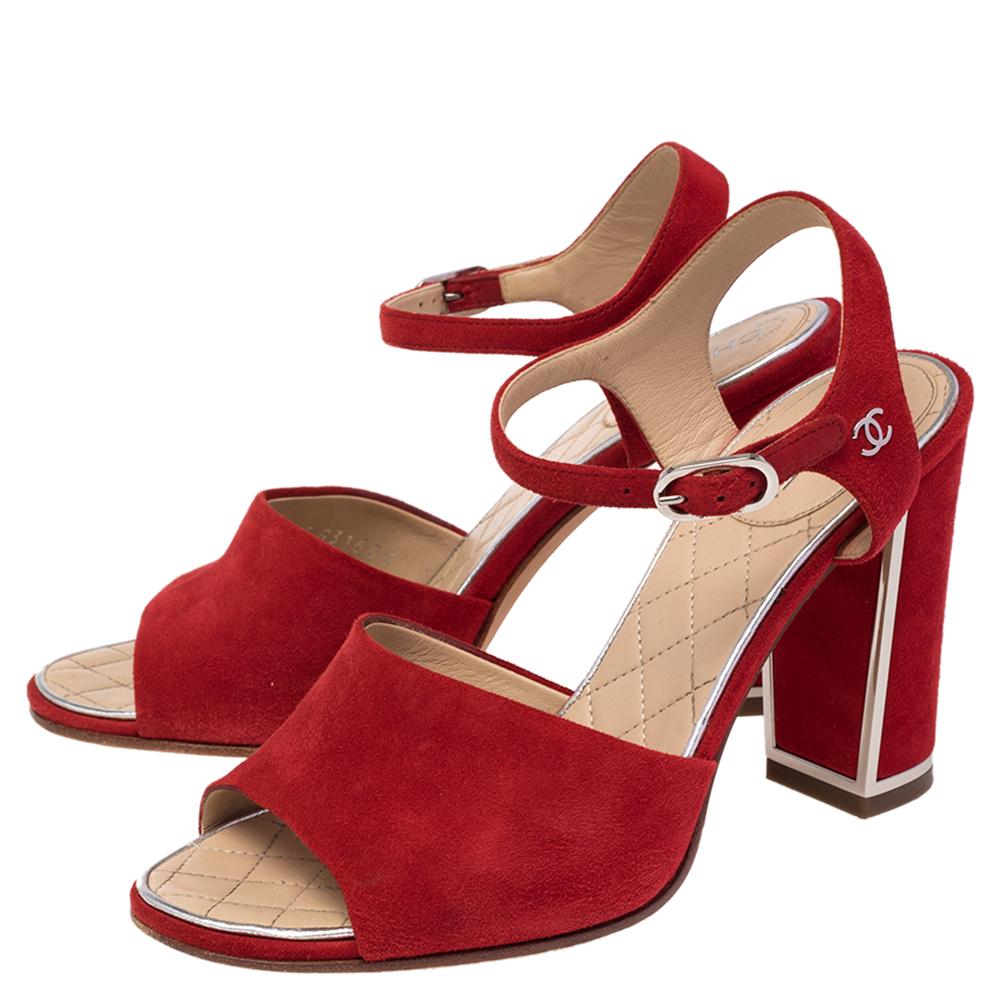 Women's Chanel Red Suede Ankle Strap Block Heel Sandals Size 35.5