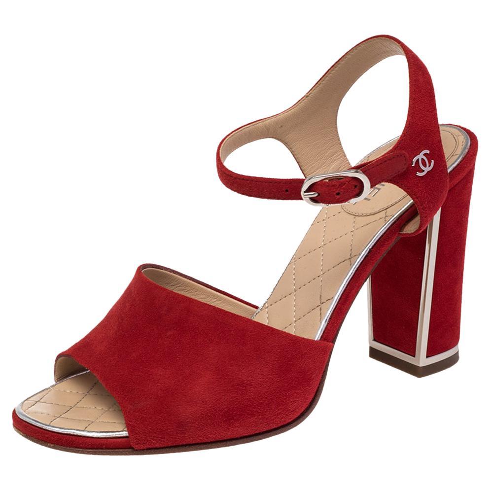 Chanel Red Suede Ankle Strap Block Heel Sandals Size 35.5