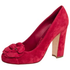 Chanel Red Suede Camellia CC Block Heel Pumps Size 36.5