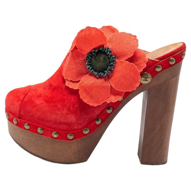 Chanel Red Suede Camellia Embellished Wooden Clogs Size 39 For Sale at ...