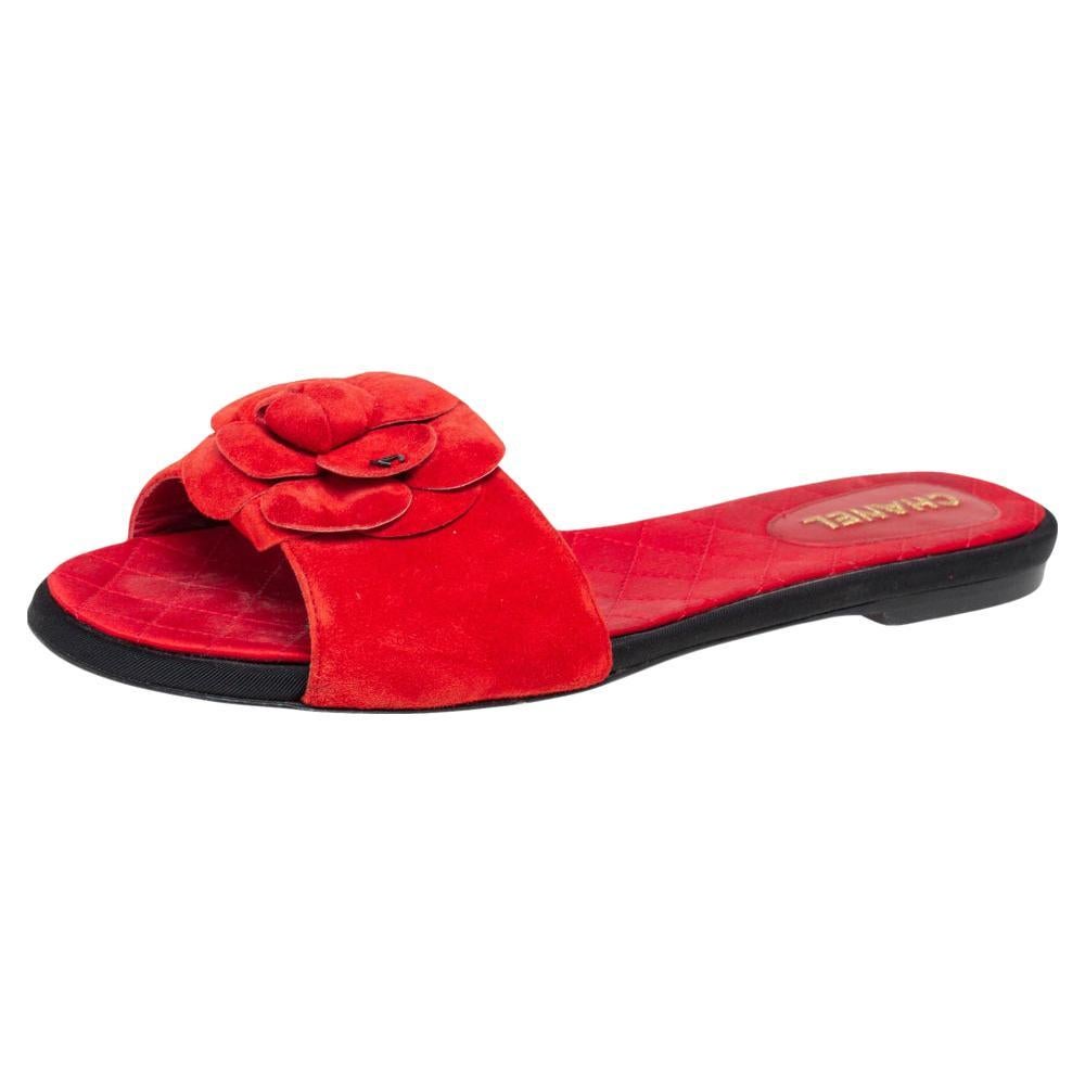 Chanel Red Suede Camellia Flat Sandals Size 39 at 1stDibs