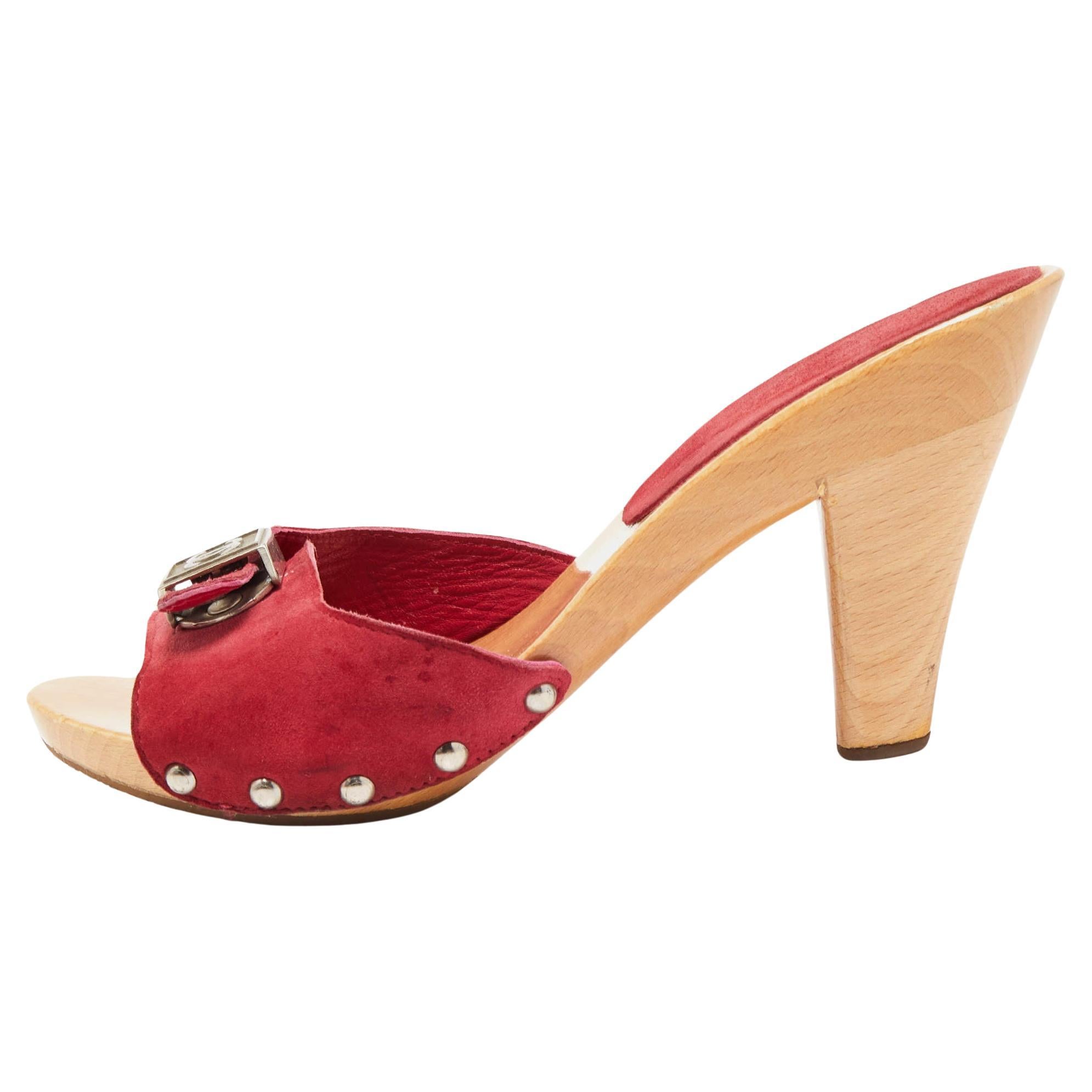 Chanel Red Suede CC Buckle Wooden Clogs Size 35