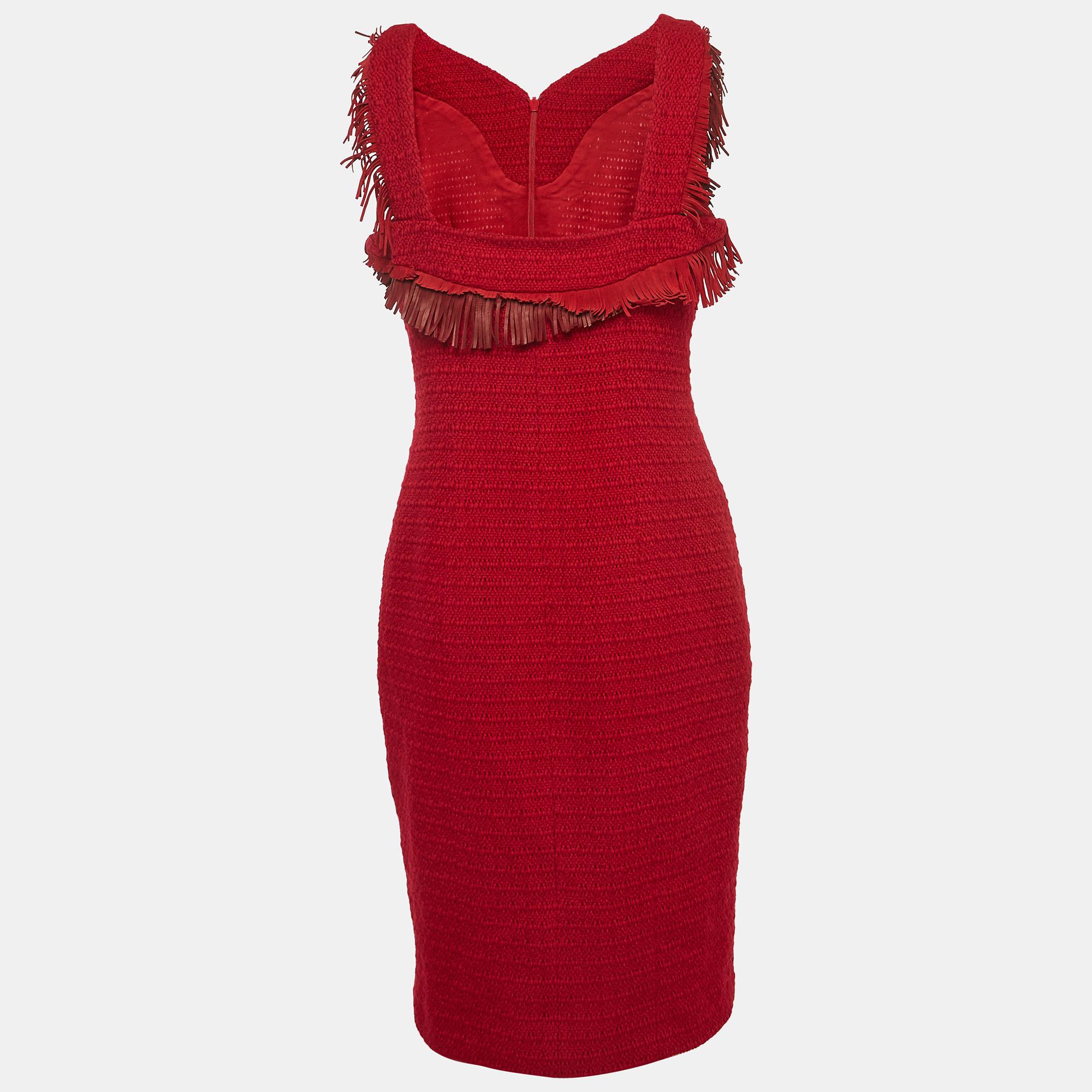 Women's Chanel Red Suede Fringed Tweed Sleeveless Short Dress L