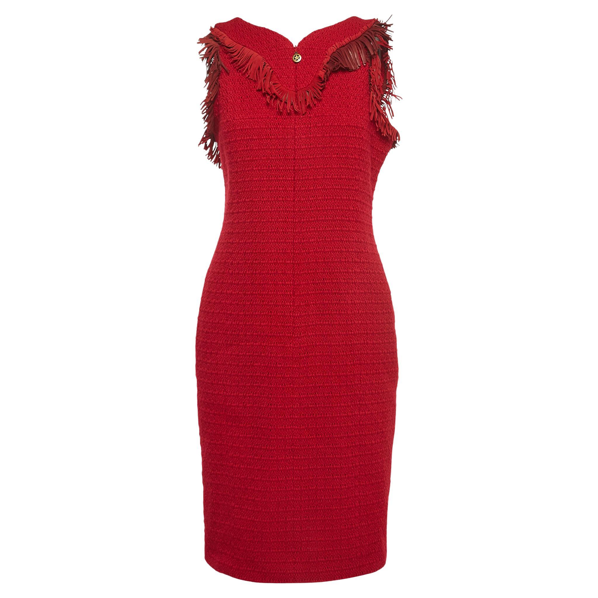 Chanel Red Suede Fringed Tweed Sleeveless Short Dress L