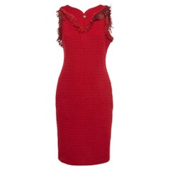 Chanel Red Suede Fringed Tweed Sleeveless Short Dress L