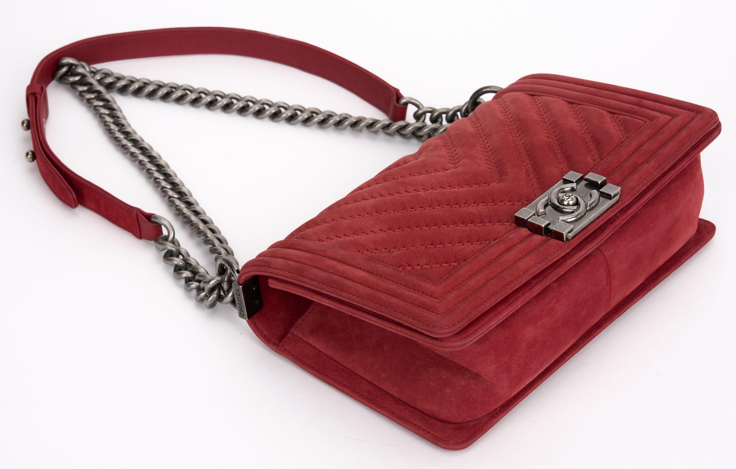 Chanel Red Suede Ruthenium Boy Bag In Excellent Condition For Sale In West Hollywood, CA
