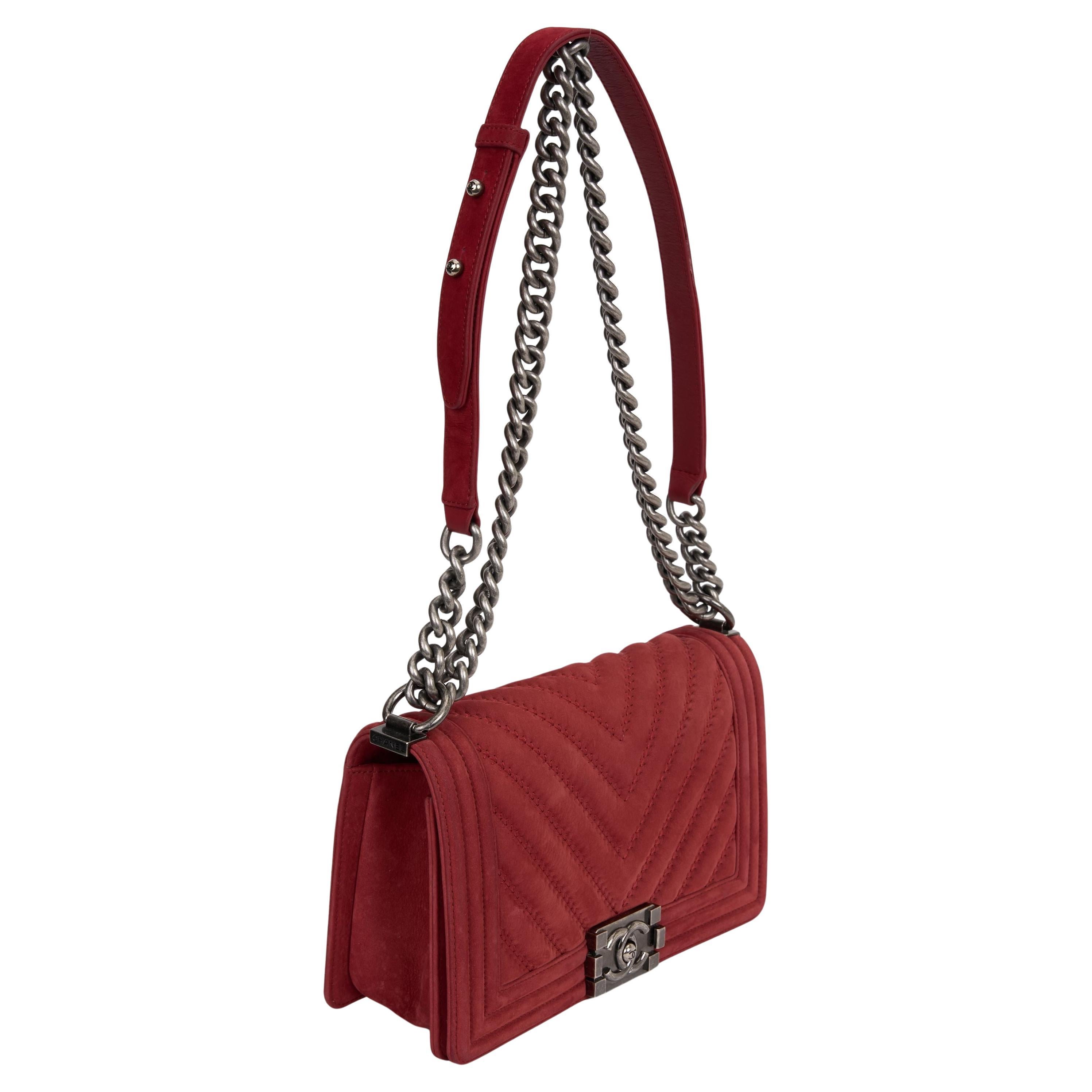 Chanel Red Suede Ruthenium Boy Bag For Sale