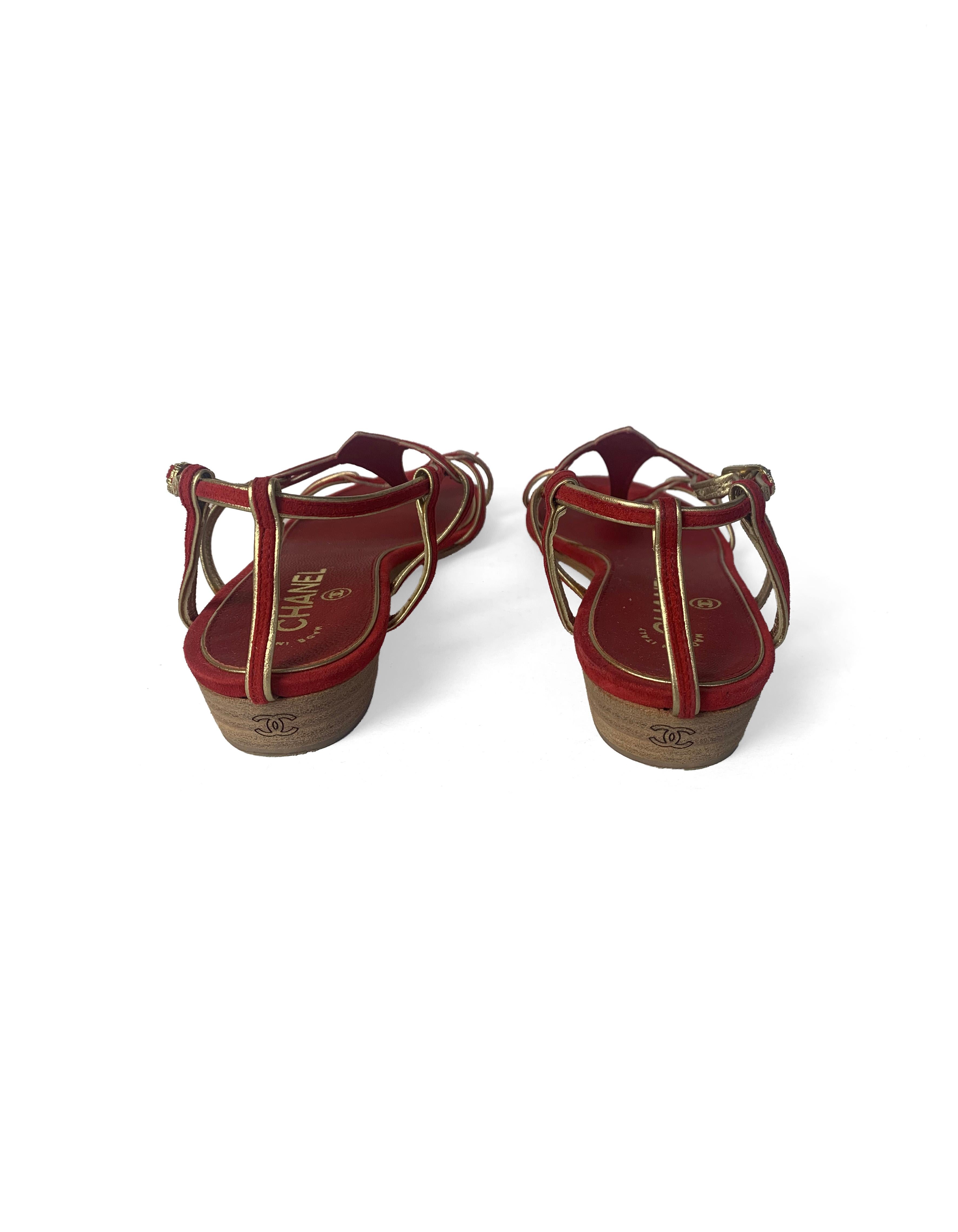 Brown Chanel Red Suede Sandals with Gold Leather Trim sz 36