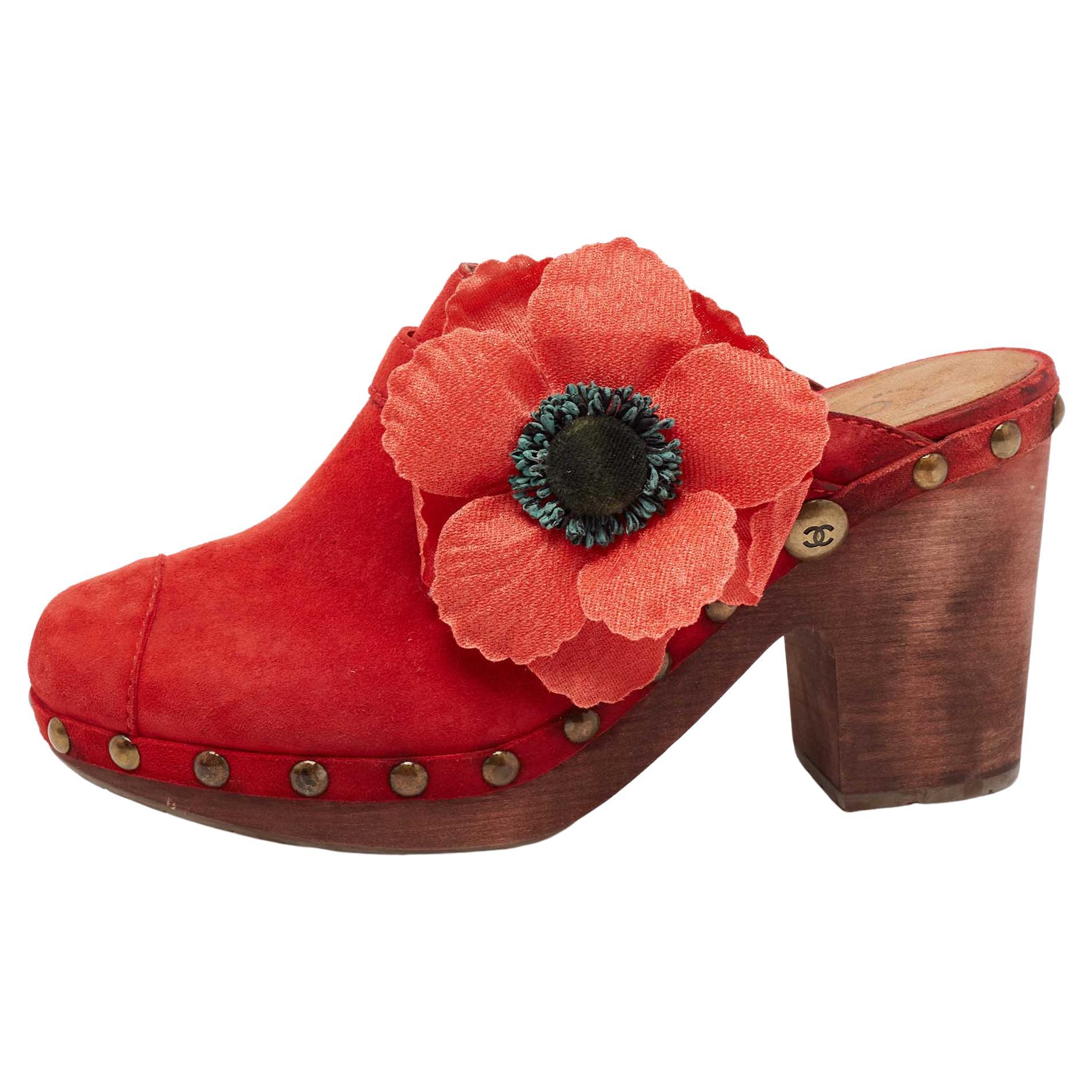 Chanel Red Suede Studded Wood Platform Clogs Size 41