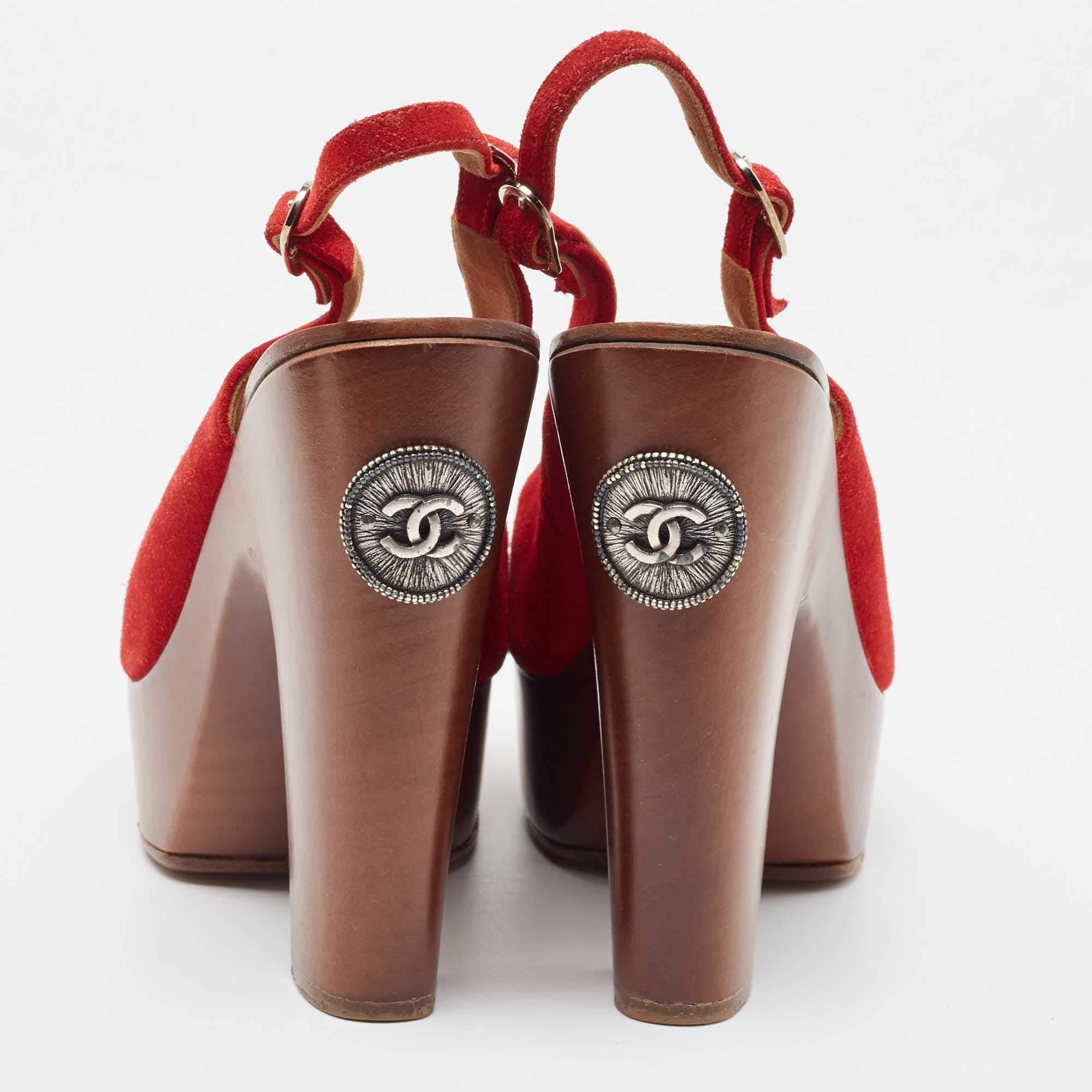 Brown Chanel Red Suede Wooden Block Heel Slingback Platform Pumps Size 38