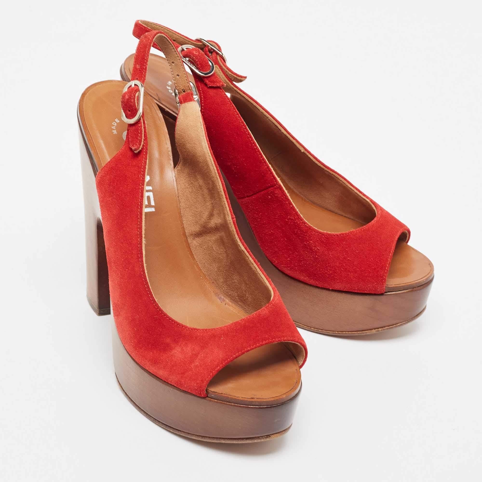 Women's Chanel Red Suede Wooden Block Heel Slingback Platform Pumps Size 38