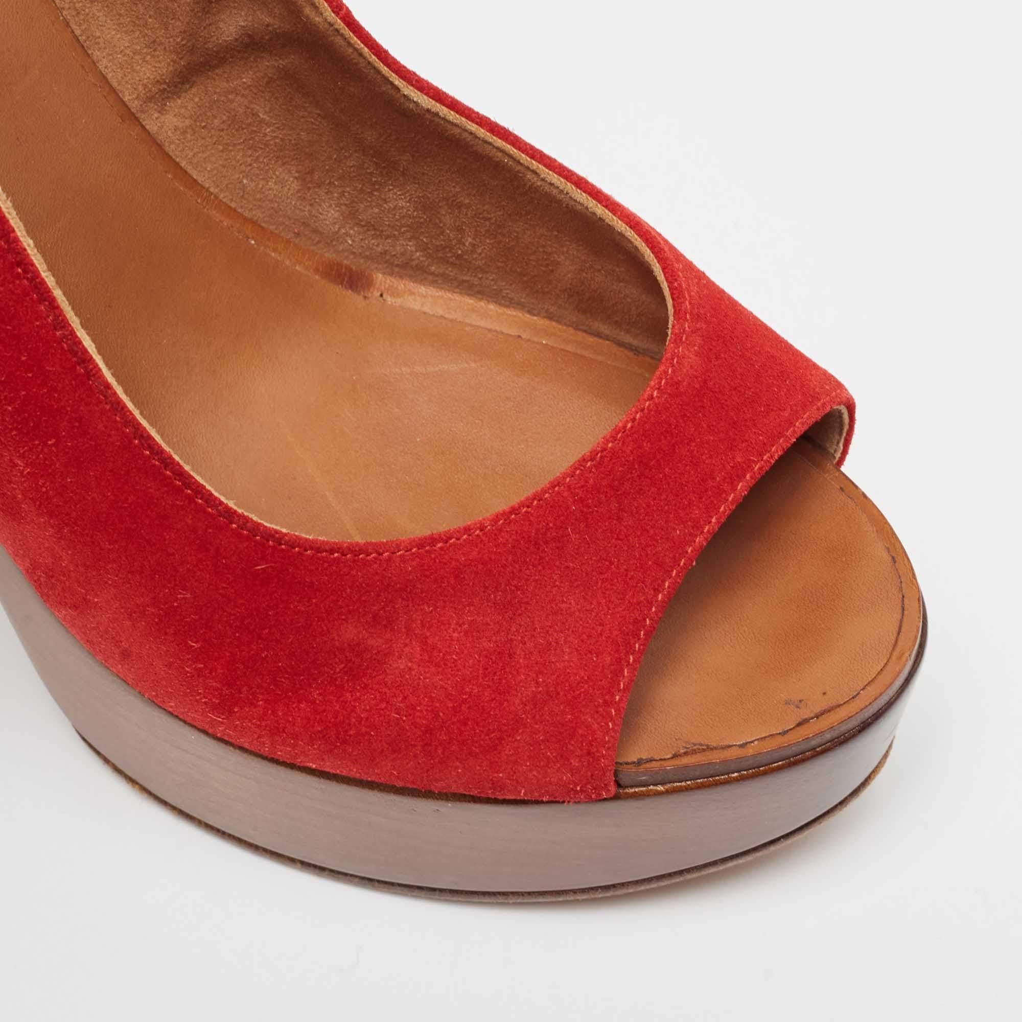Chanel Red Suede Wooden Block Heel Slingback Platform Pumps Size 38 1