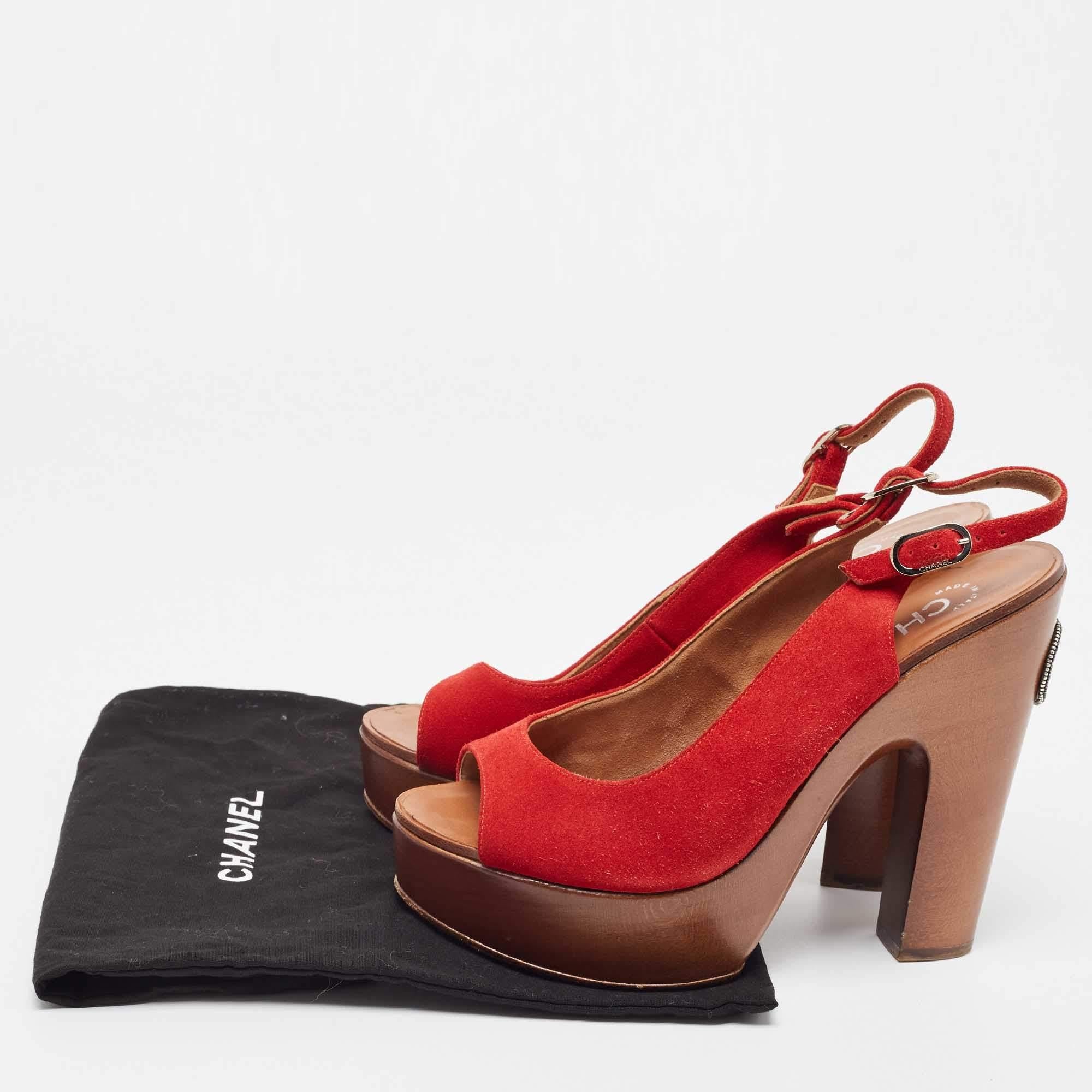 Chanel Red Suede Wooden Block Heel Slingback Platform Pumps Size 38 3