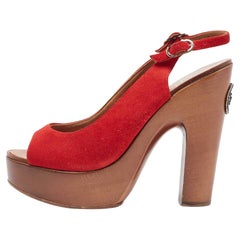Chanel Red Suede Wooden Block Heel Slingback Platform Pumps Size 38