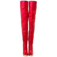 Chanel Red Thigh High Leather CC Logo Intarsia Wedge High Heeled Boots