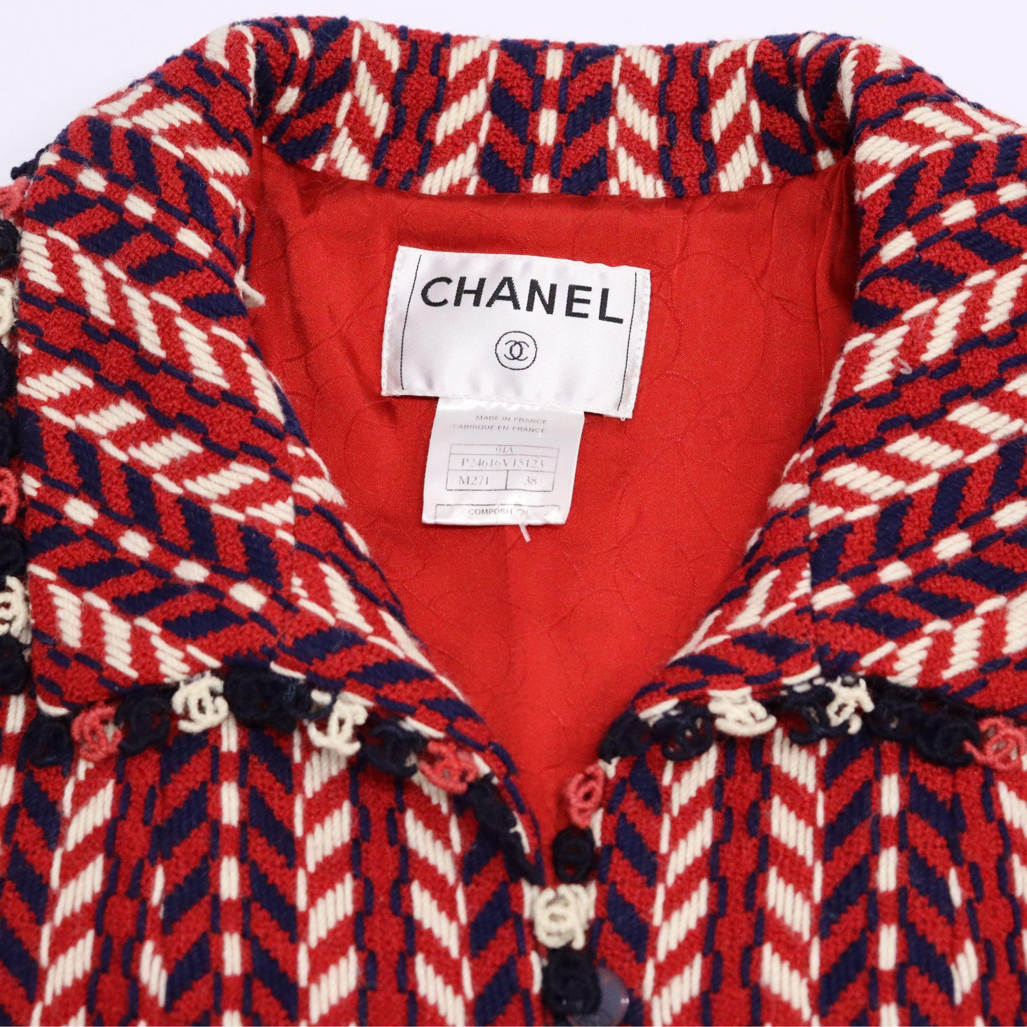 Chanel Red Tri-Color Tweed Balzer With CC Logo Trim-38 1