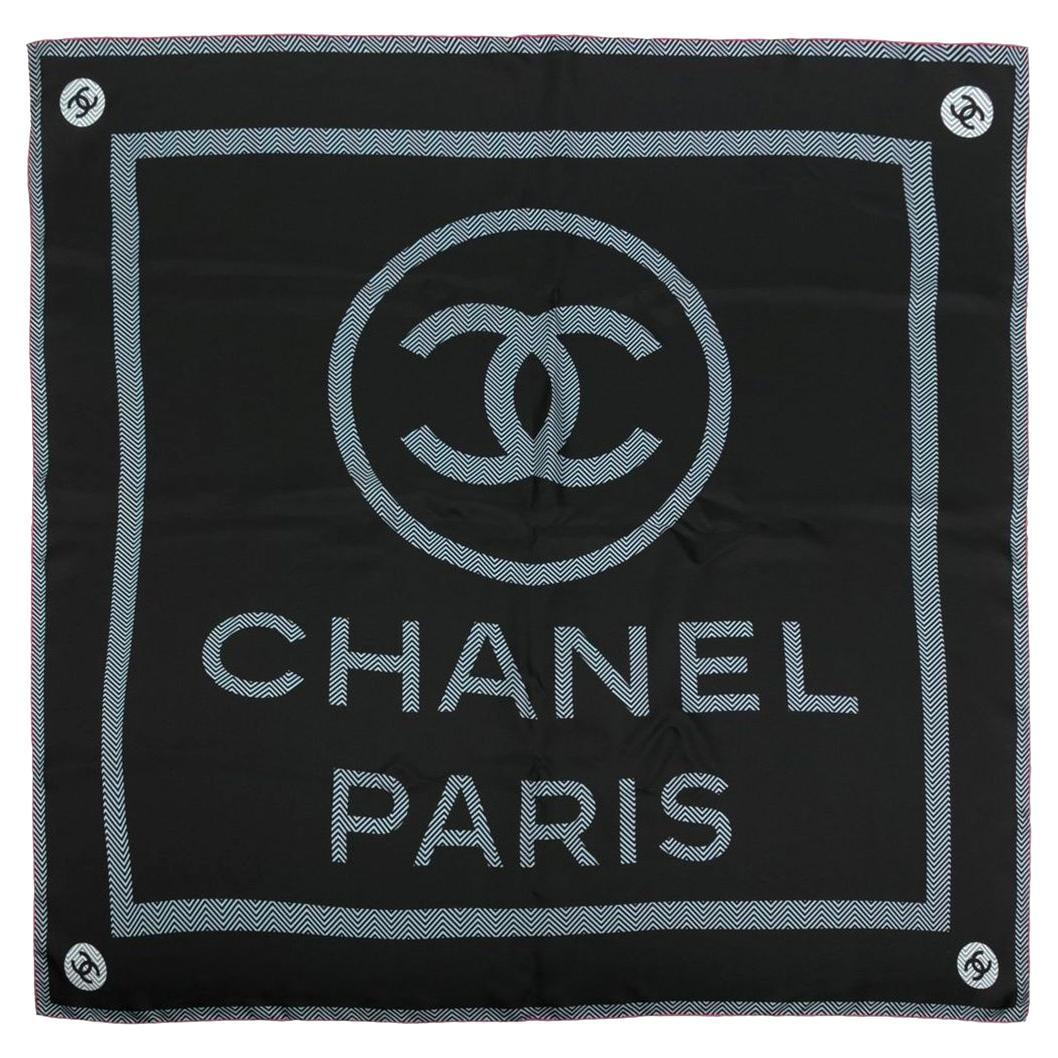 Chanel Red Trim CC Logo Black Silk Scarf