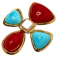 Chanel Red & Turquoise Cabochon Verdura Maltese Cross Brooch circa 1993