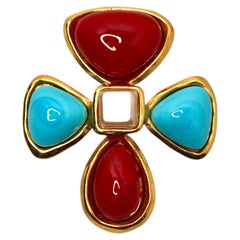 Chanel Red & Turquoise Cabochon Verdura Maltese Cross Brooch circa 1993