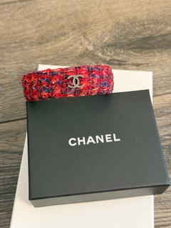 CHANEL Red Tweed CC Logo Bangle Bracelet