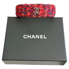 CHANEL Red Tweed CC Logo Bangle Bracelet