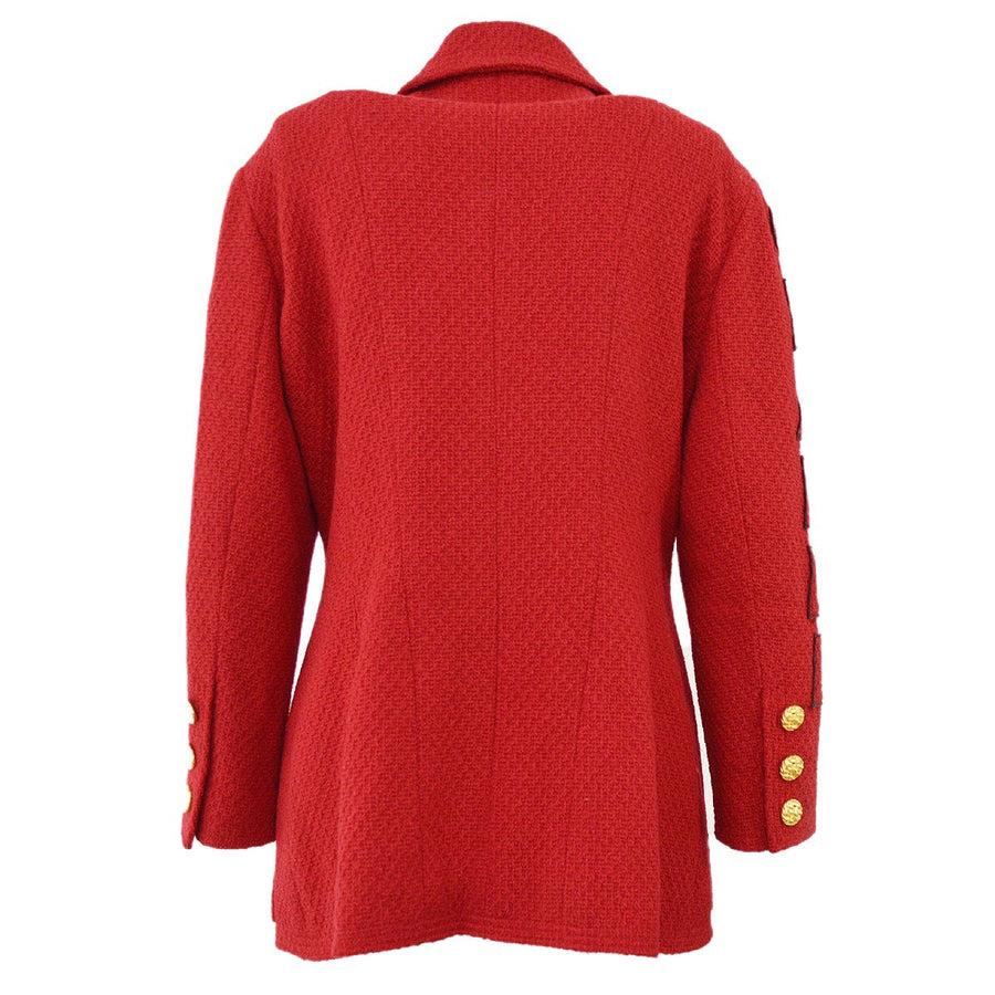 CHANEL Red Tweed 'CHANEL' Black Logo Blazer Jacket For Sale 1
