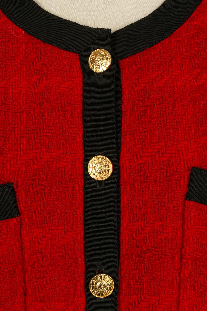 Chanel Red Tweed Jacket in Trimmed with Black Braid 4