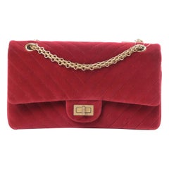 Chanel Red Velvet Chevron Gold Medium Evening Flap Shoulder Bag 