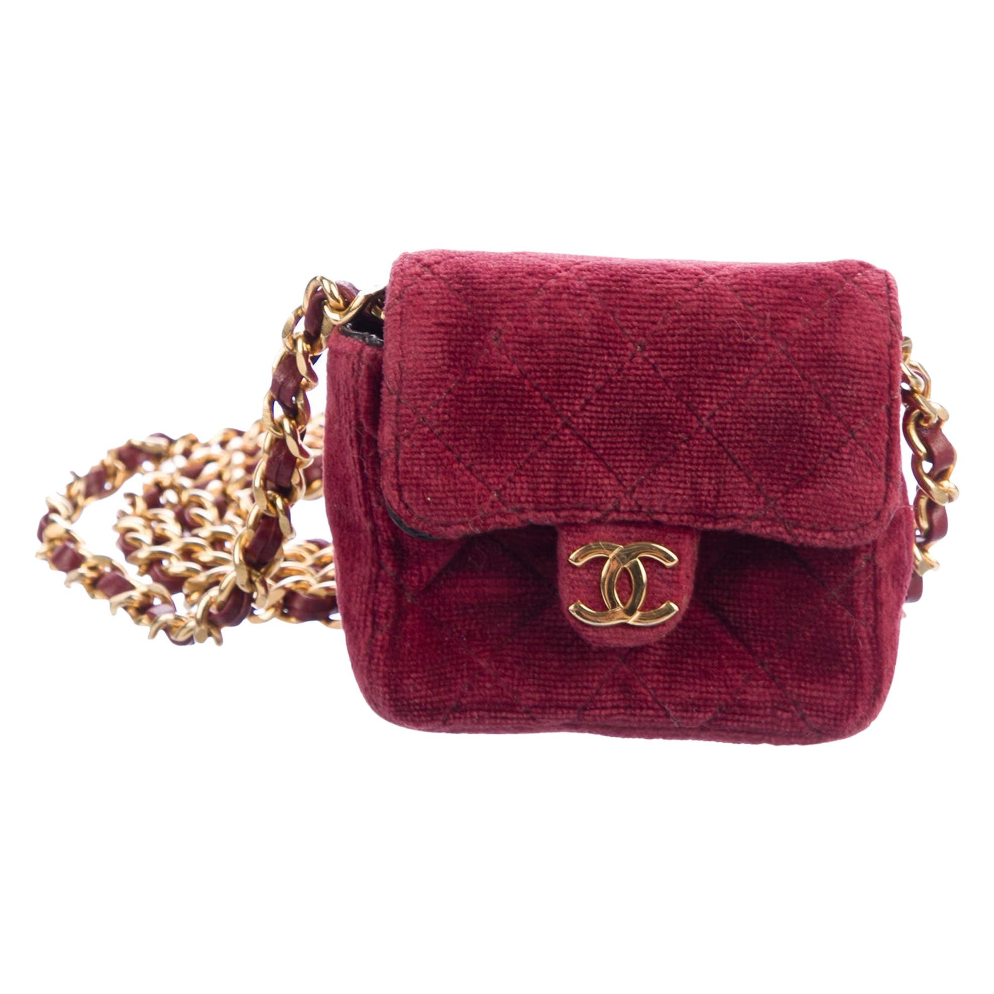 Chanel Red Velvet Gold Small Micro Mini Party Crossbody Shoulder Flap Bag