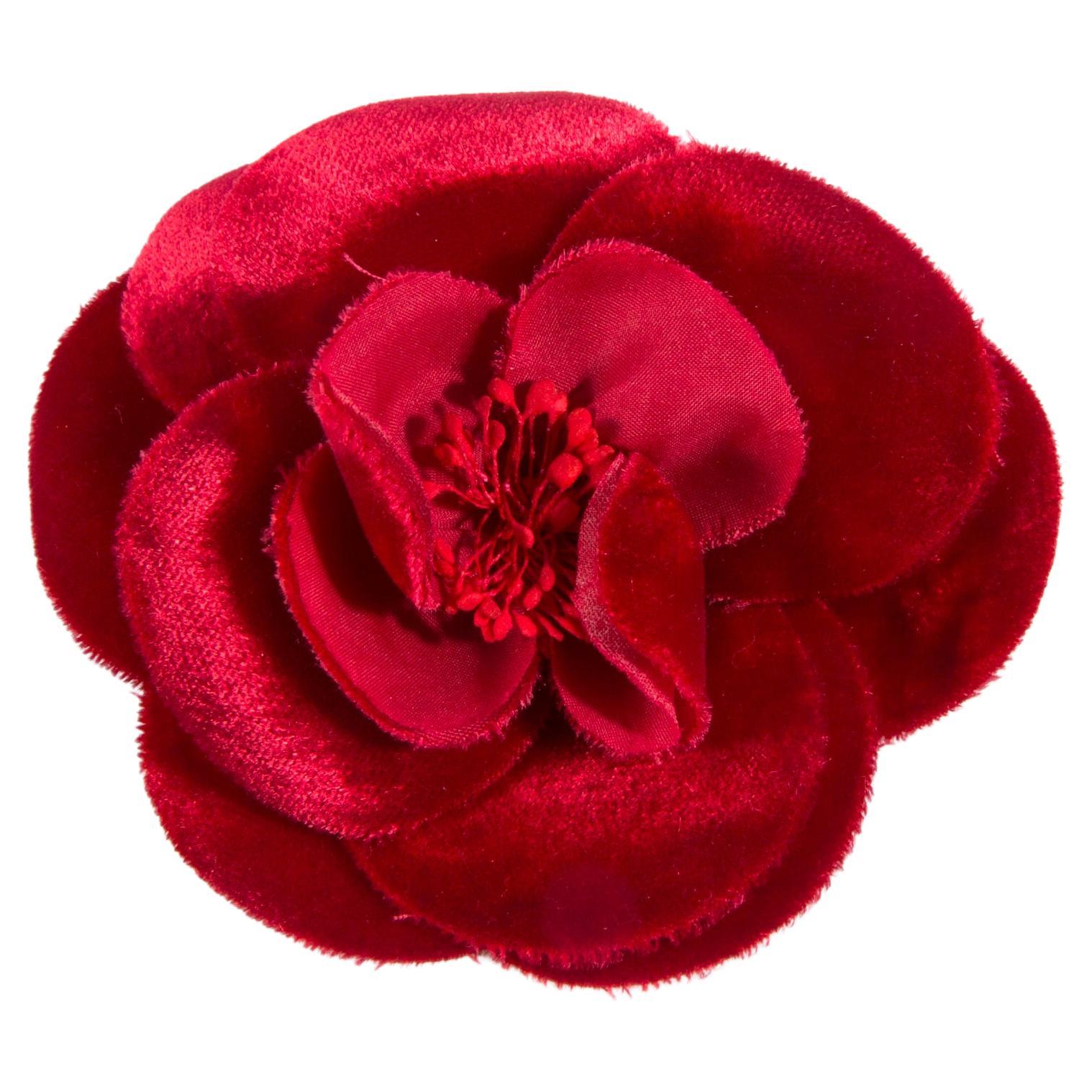 Chanel Red Velvet Silk Camelia Brooch