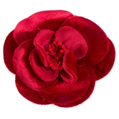 Chanel Red Velvet Silk Camelia Brooch