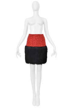 Chanel Red Velvet Tweed Skirt With Black Faux Fur 1994