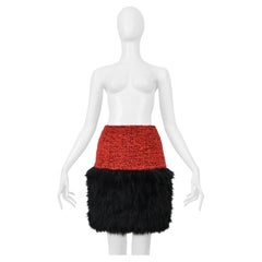 Chanel Red Velvet Tweed Skirt With Black Faux Fur 1994