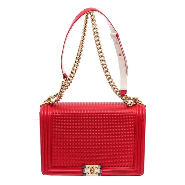 Chanel Red Waffle Quilted Calfskin Leather Large Cube Boy Bag at 1stDibs
