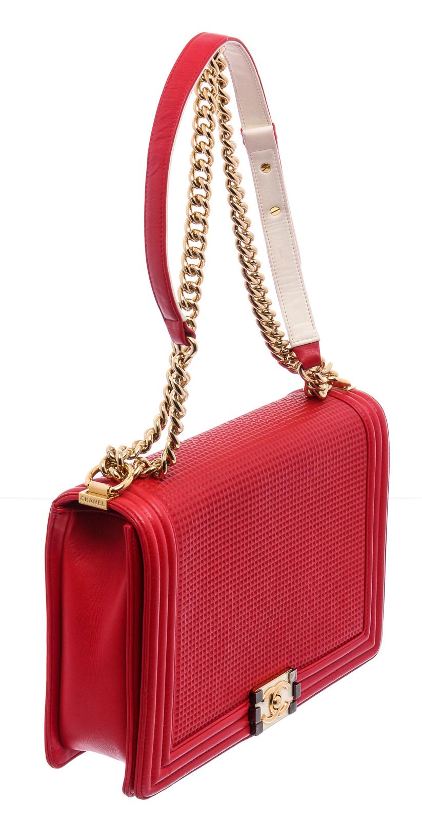 Red waffle quilted calfskin leather Chanel Large Cube Boy bag with gold-tone hardware, single chain-link shoulder strap with ivory leather shoulder guard, navy grosgrain lining, three pockets at interior walls; one with zip closure and CC turn-lock