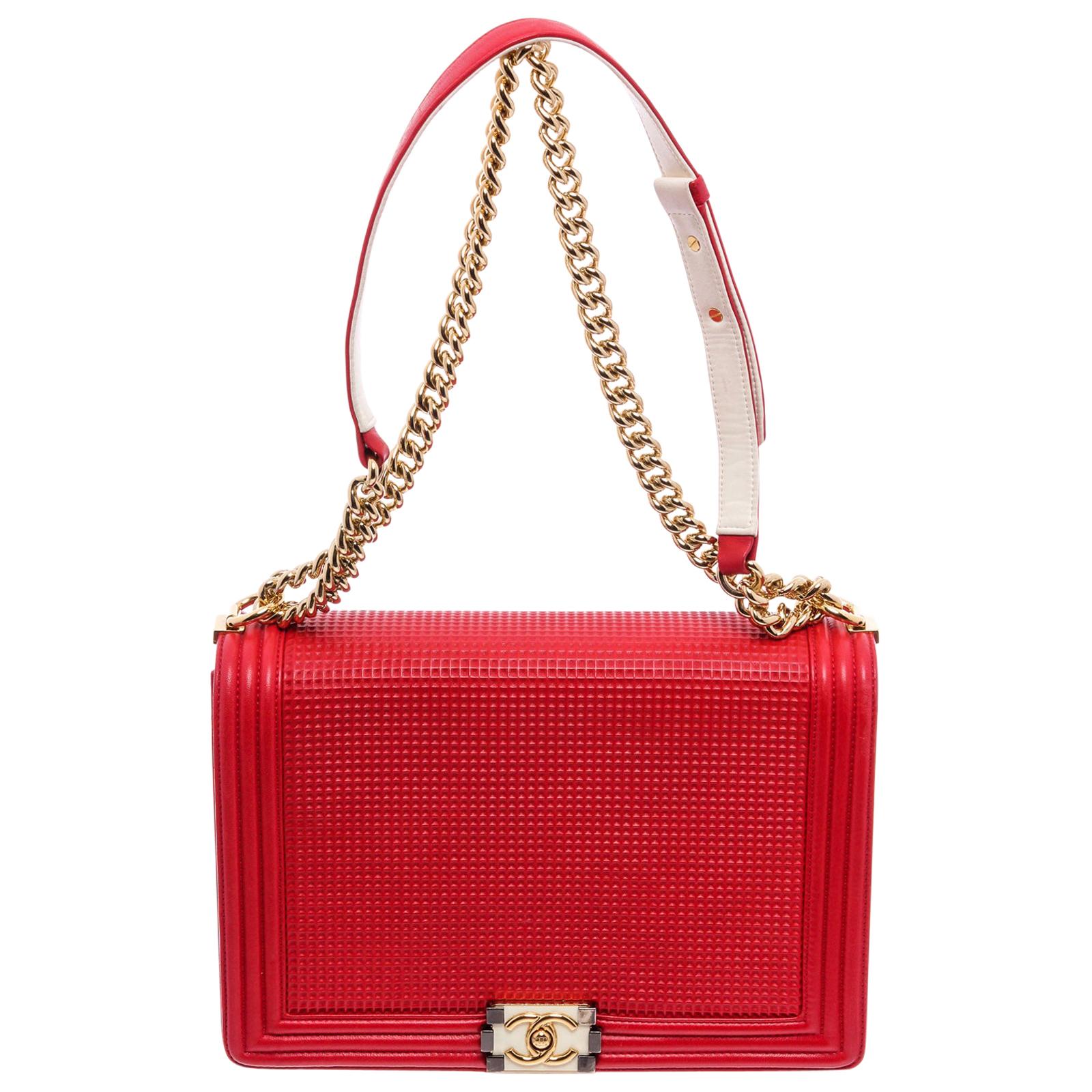 Chanel Red Waffle Quilted Calfskin Leather Large Cube Boy Bag 