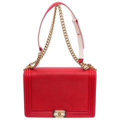 Chanel Red Waffle Quilted Calfskin Leather Large Cube Boy Bag 