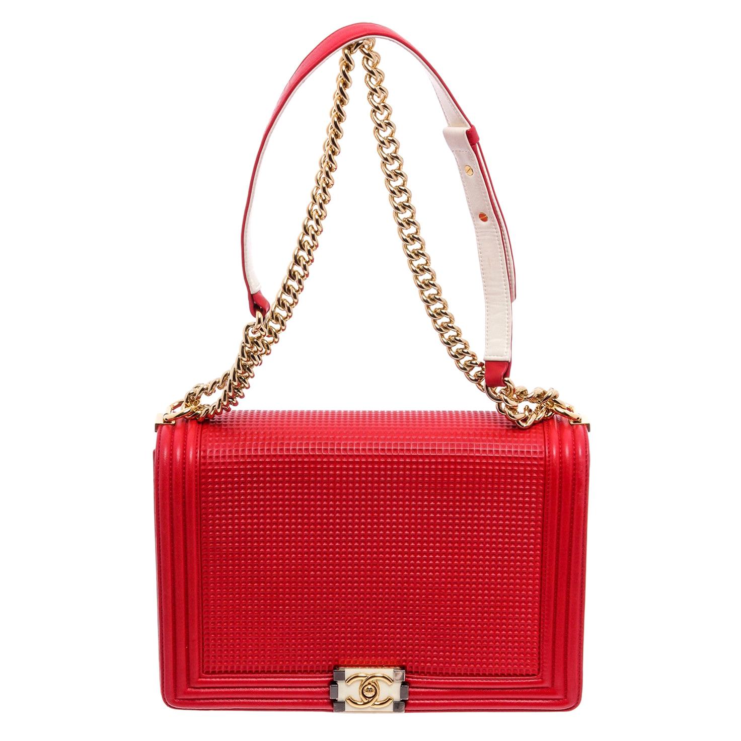 Chanel Red Waffle Quilted Calfskin Leather Large Cube Boy Bag